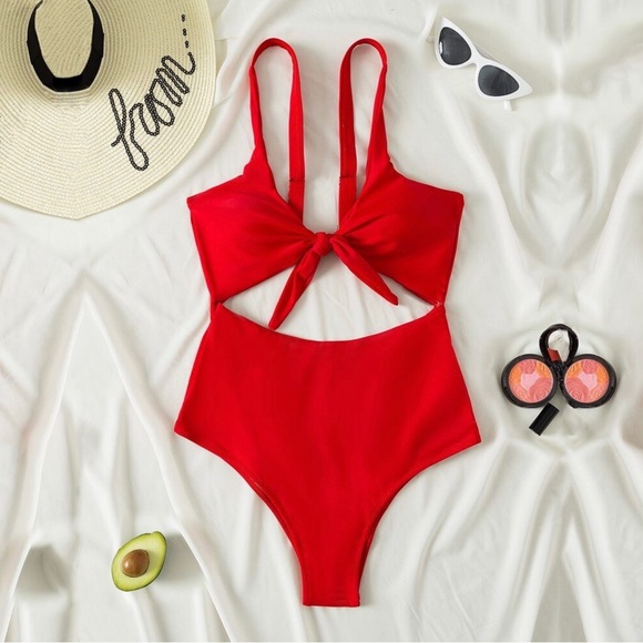 Knot Front Cut-Out One Piece Swimsuit
Color: Red - Picture 6 of 14